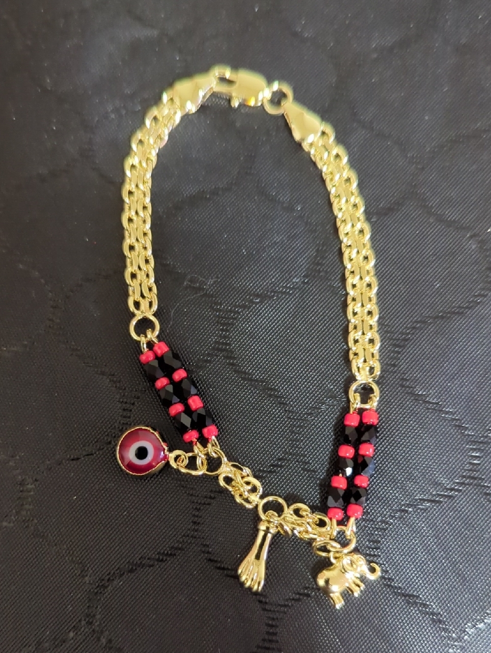 Gold-Tone Women's 2 Bracelets  with Red and Black Beads and Charms And Gold Tone